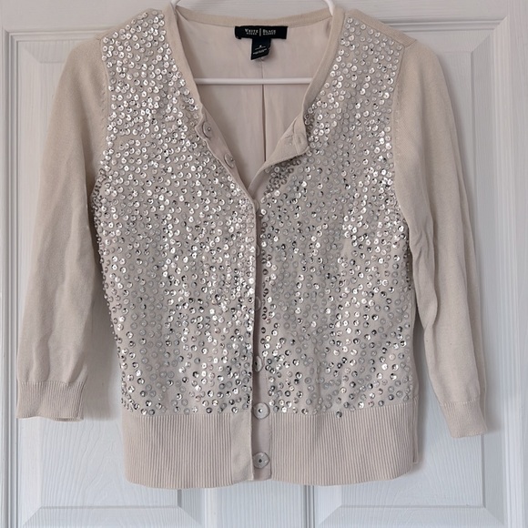White & Black Dressy Cardigan Silver Sequin 3/4 Sleeve Sweater - Picture 2 of 8